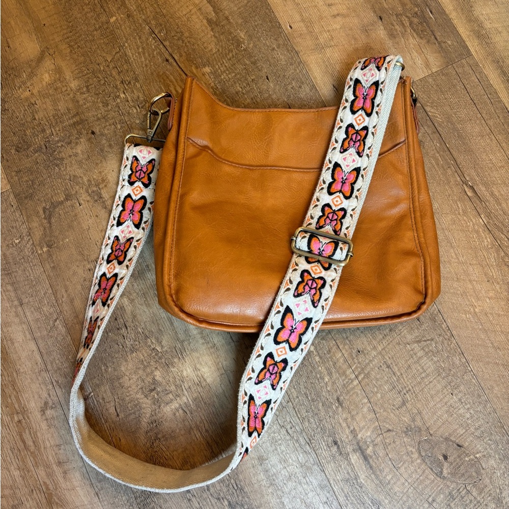 Crossbody Bag with Floral Embroidered Strap - Tan